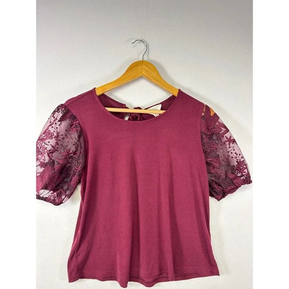 Romantic Flower & Feather Blouse Womens L Burgundy Lace Puff Sleeve Back Tie - Picture 4 of 9